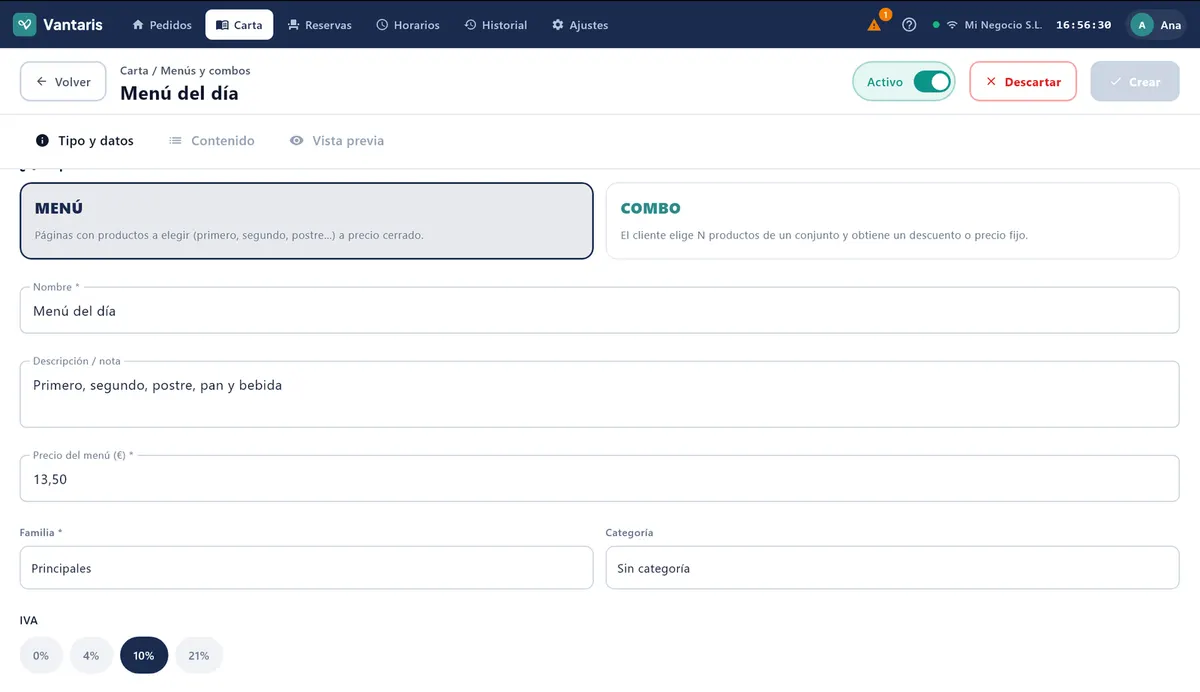 Pestaña Tipo y datos del editor: tarjetas MENÚ y COMBO arriba y, debajo, nombre, precio, familia e IVA