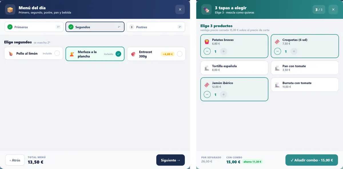 Asistente de venta de un menú (un paso por página) y selector de un combo con el contador de productos y el ahorro del cliente