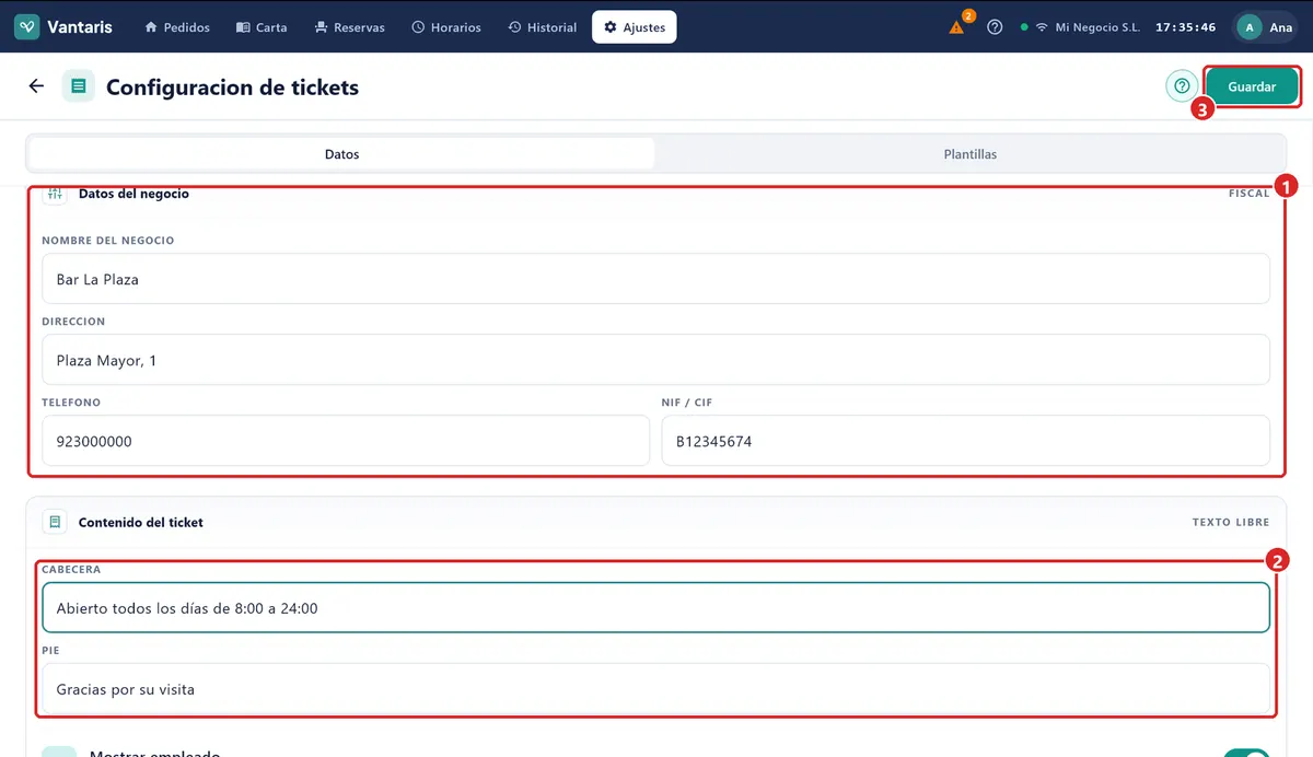 Configuracion de tickets, pestaña Datos.