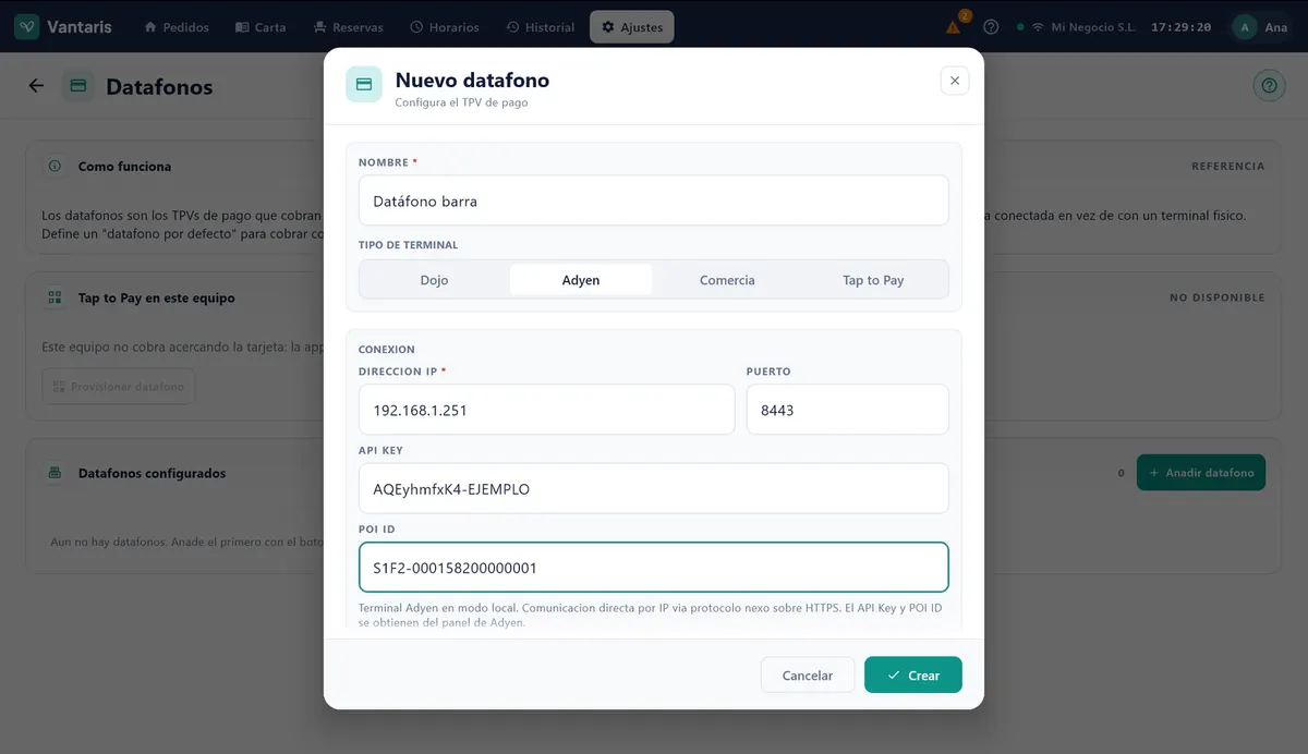 Ventana Nuevo datáfono con Nombre, TIPO DE TERMINAL (Dojo, Adyen, Comercia) y los datos de conexión