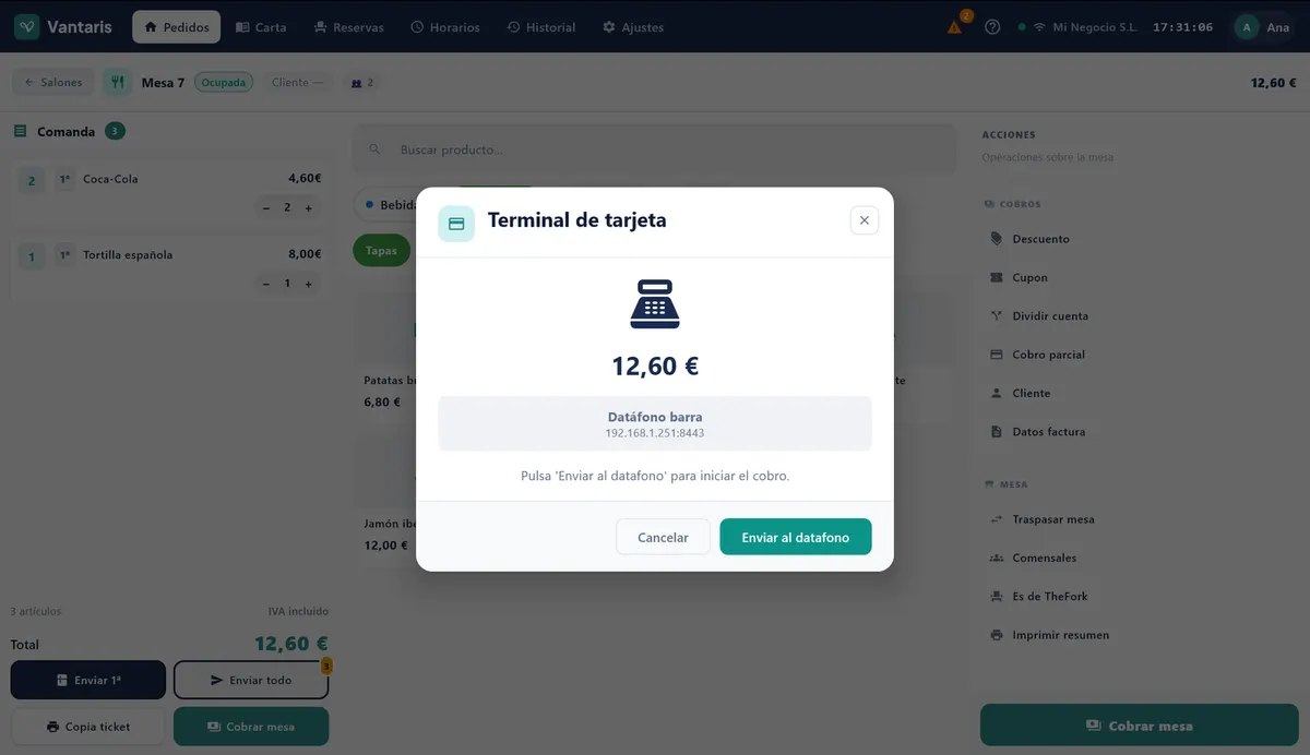 Ventana Terminal de tarjeta con el importe y el botón Enviar al datáfono
