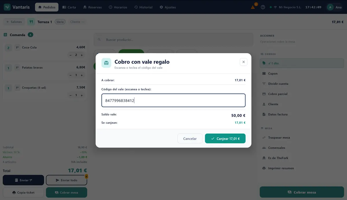 Ventana Cobro con vale regalo, con el código leído, el saldo del vale y lo que se canjea.