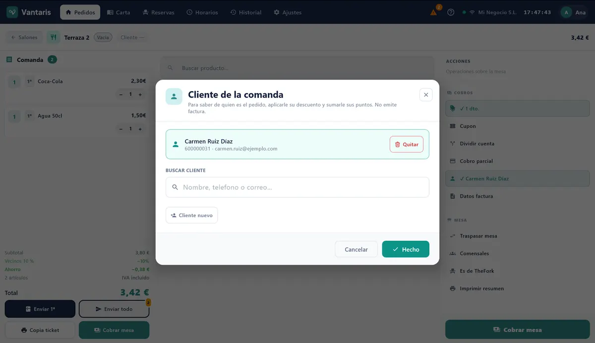 Ventana Cliente de la comanda con el buscador y un cliente elegido.
