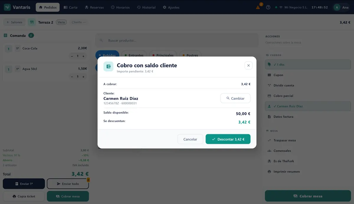 Ventana Cobro con saldo cliente con el cliente, el saldo disponible y lo que se descuenta.