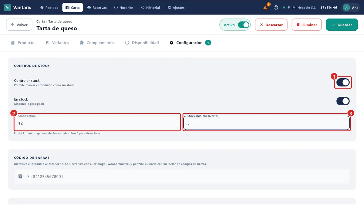 Pestaña Configuración del producto con Controlar stock activado.