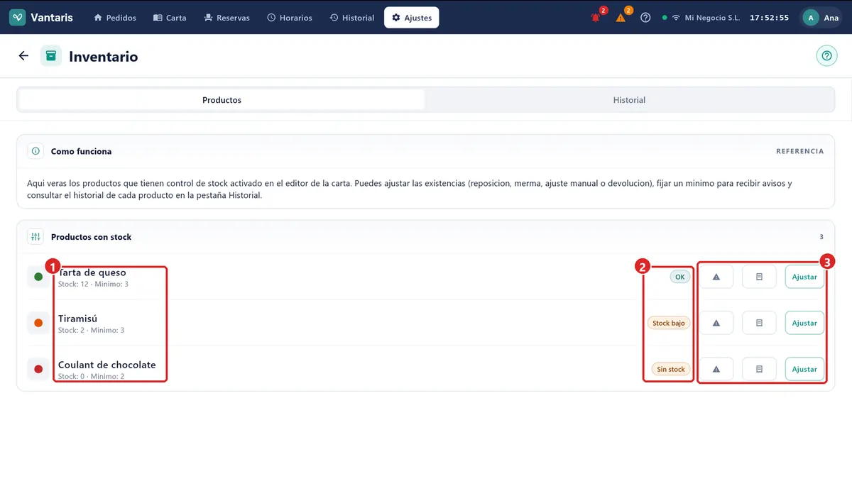 Ajustes › Inventario, pestaña Productos.