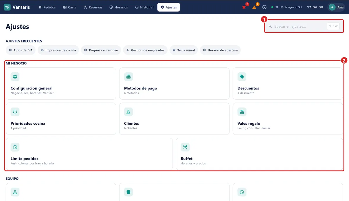 Pantalla de inicio de Ajustes.