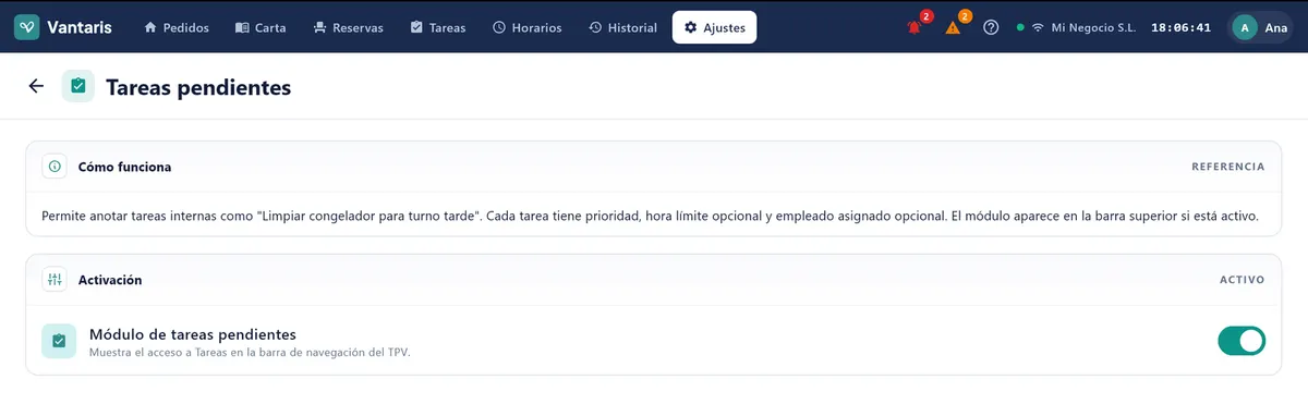 Ajustes › Tareas pendientes con el interruptor Módulo de tareas pendientes encendido.