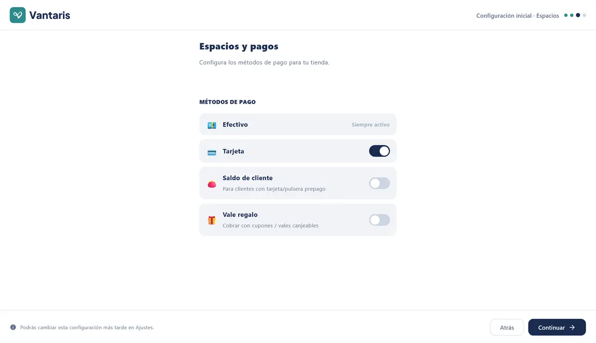 Paso Espacios y pagos en peluquería, con la lista MÉTODOS DE PAGO: Efectivo, Tarjeta, Saldo de cliente y Vale regalo.