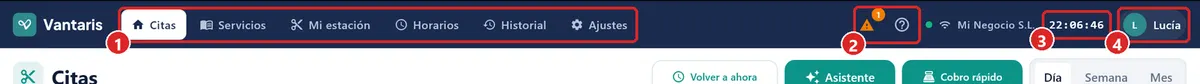 Barra superior con el módulo Citas abierto.