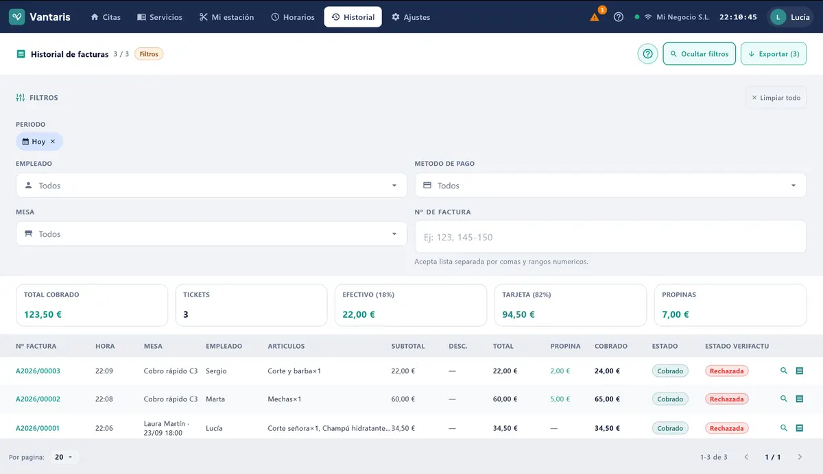 Panel de filtros abierto con PERIODO, Empleado, Método de pago y Nº de factura
