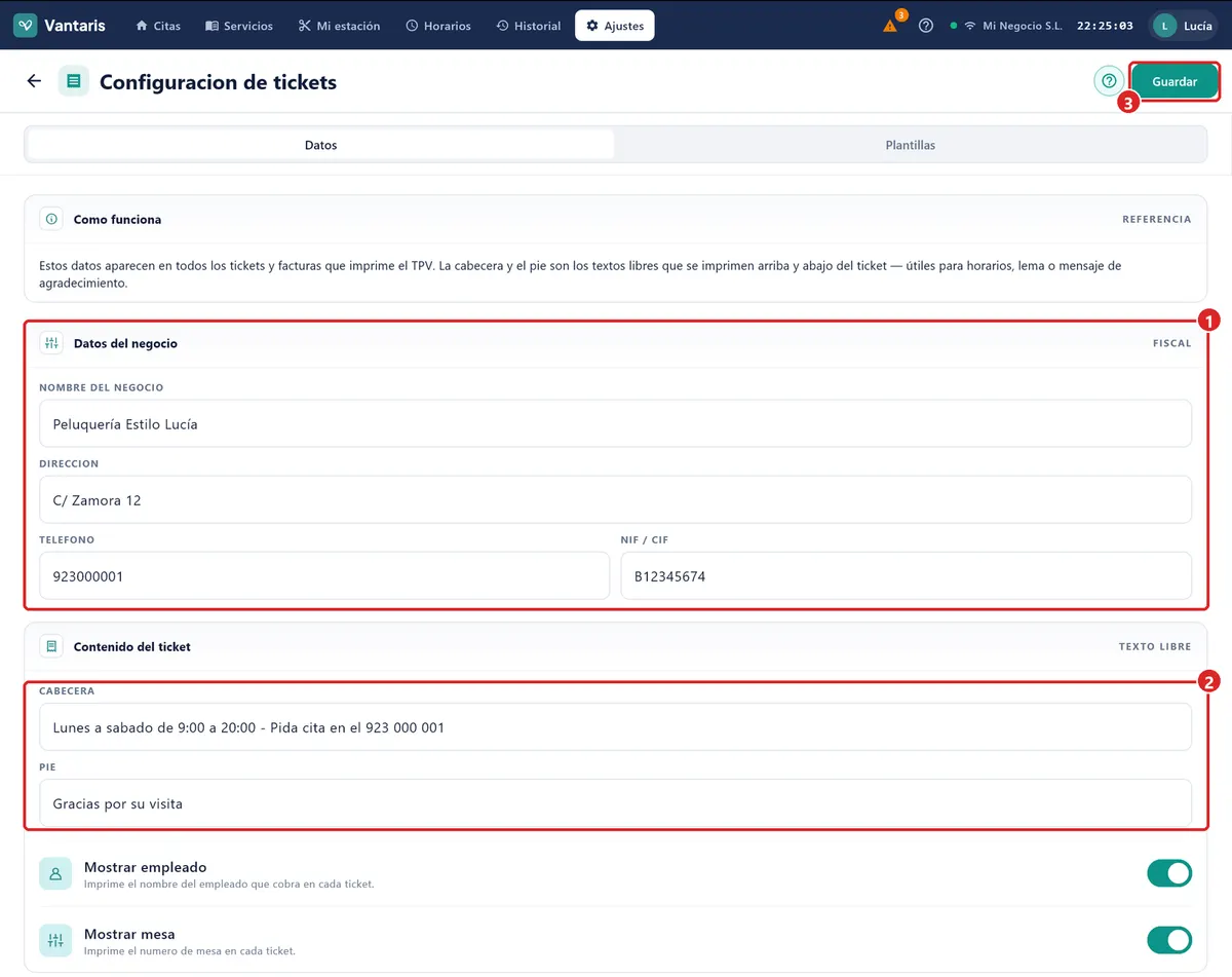 Configuracion de tickets, pestaña Datos.