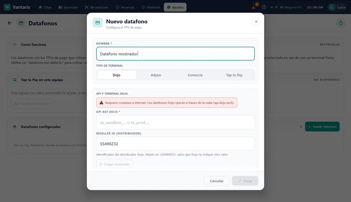 Ventana Nuevo datáfono con Nombre, TIPO DE TERMINAL (Dojo, Adyen, Comercia) y los datos de conexión