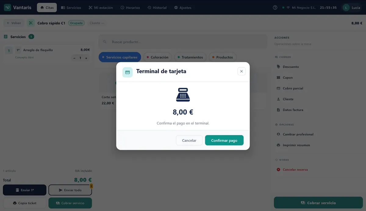 Ventana Terminal de tarjeta con el importe del servicio y el botón Enviar al datáfono