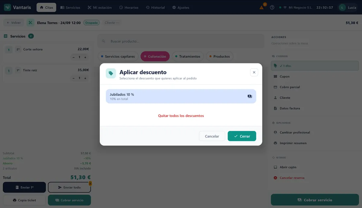 Ventana Aplicar descuento abierta sobre el servicio de un cliente, con un descuento marcado.