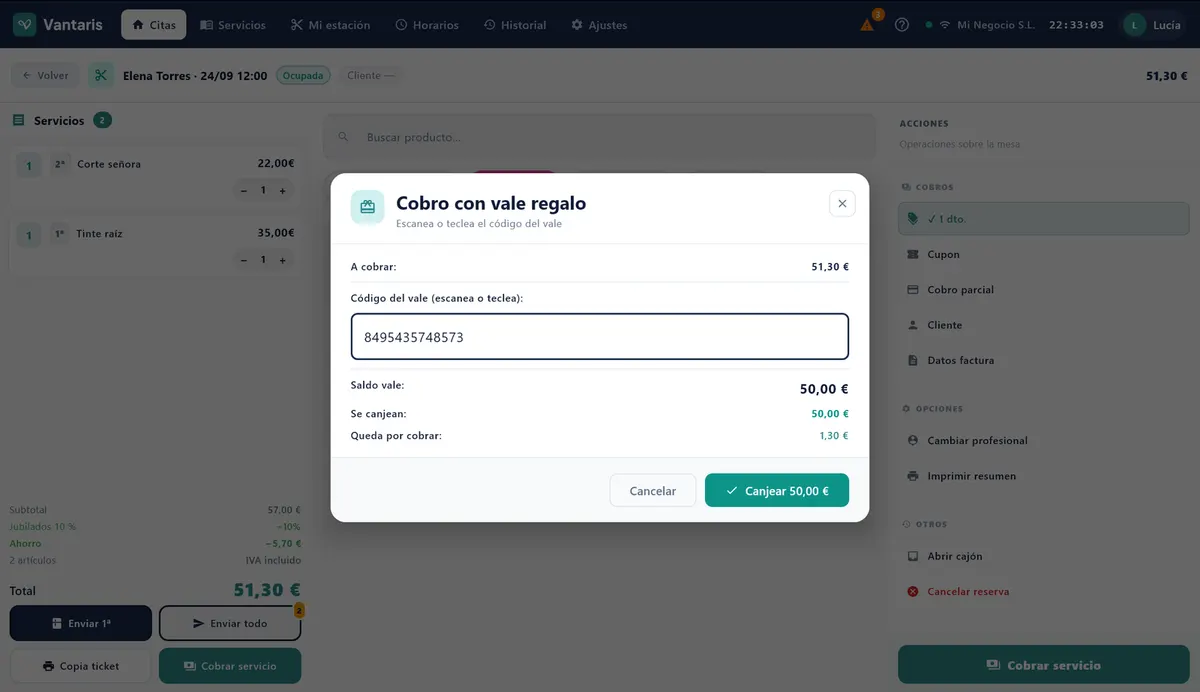 Ventana Cobro con vale regalo, con el código leído, el saldo del vale y lo que se canjea.