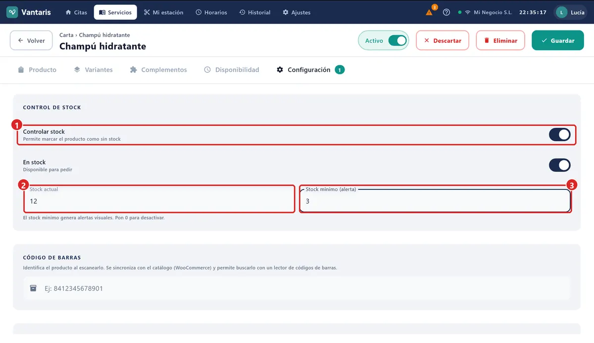 Pestaña Configuración de un producto de venta con Controlar stock activado.