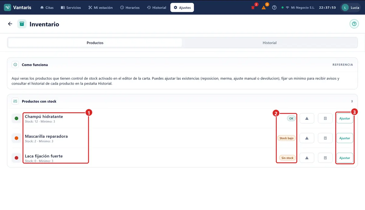 Ajustes › Inventario, pestaña Productos.
