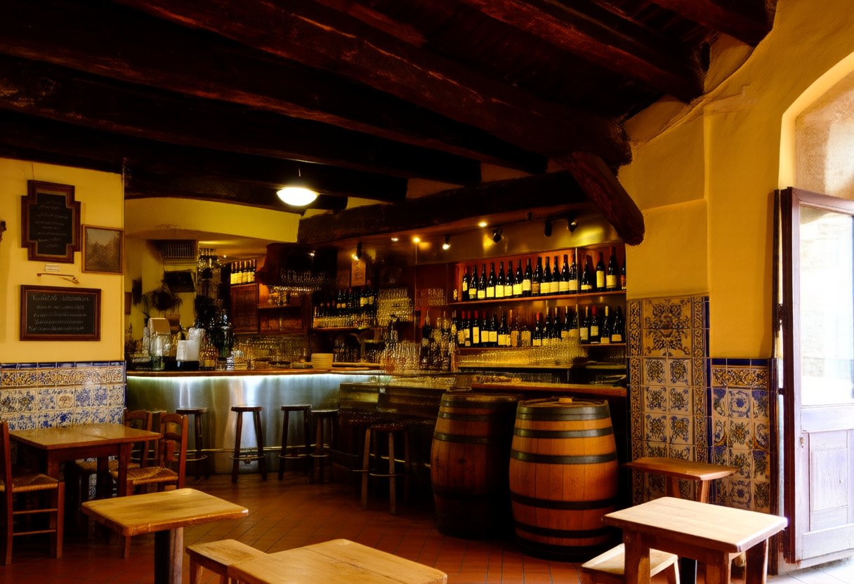 Taberna tradicional con barra de azulejos, barriles y botellas en las estanterías