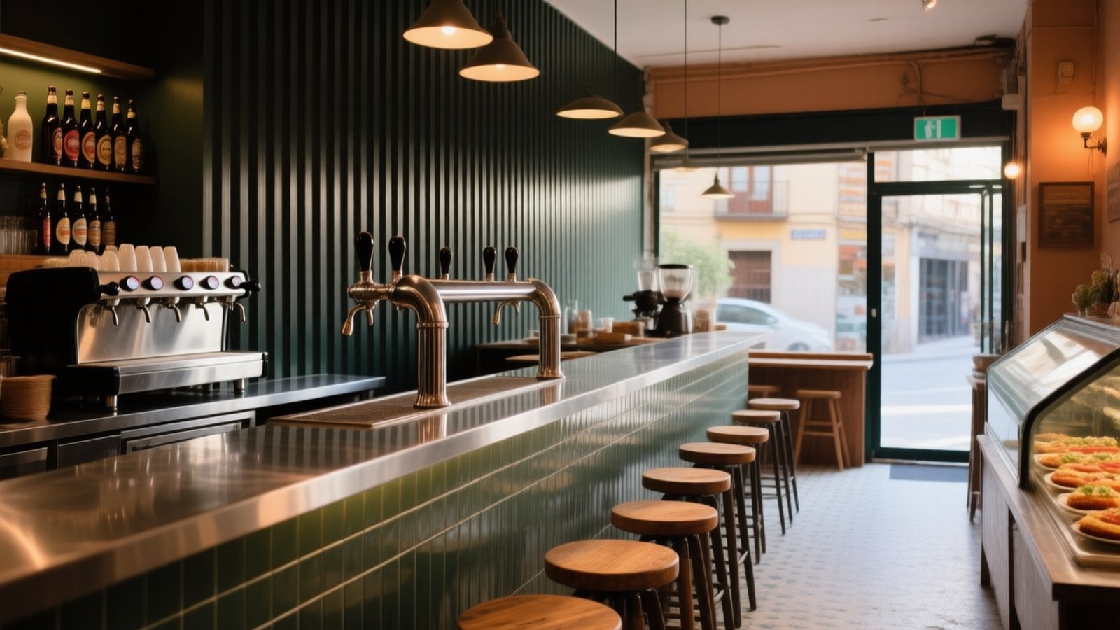 Barra de acero de un bar de barrio con grifos de cerveza y vitrina de tapas