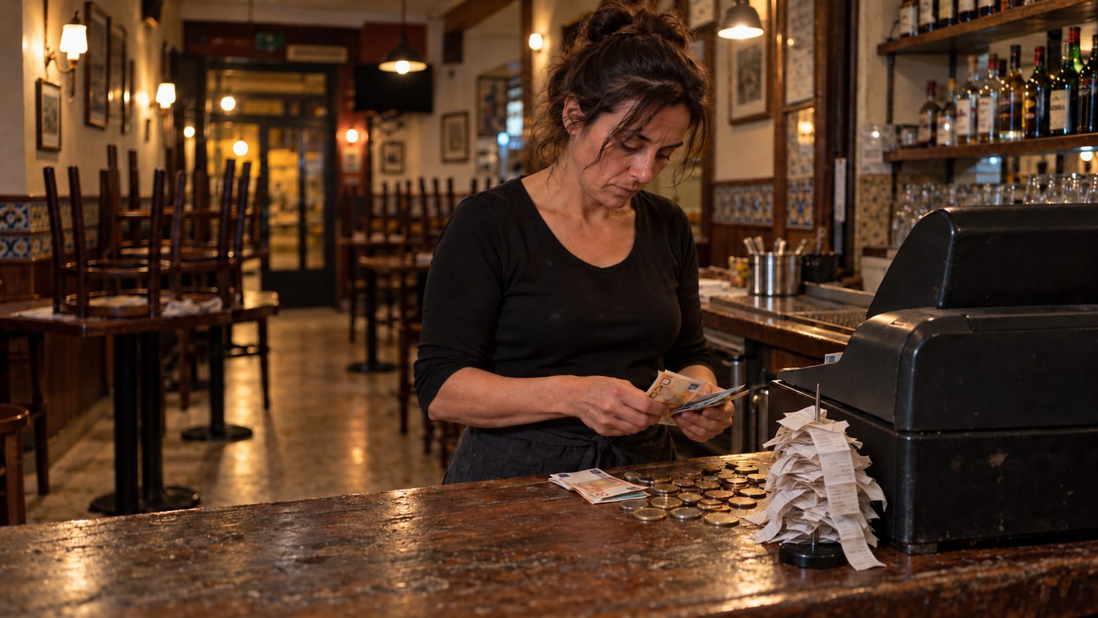 Encargada contando el efectivo de la caja al cerrar el bar