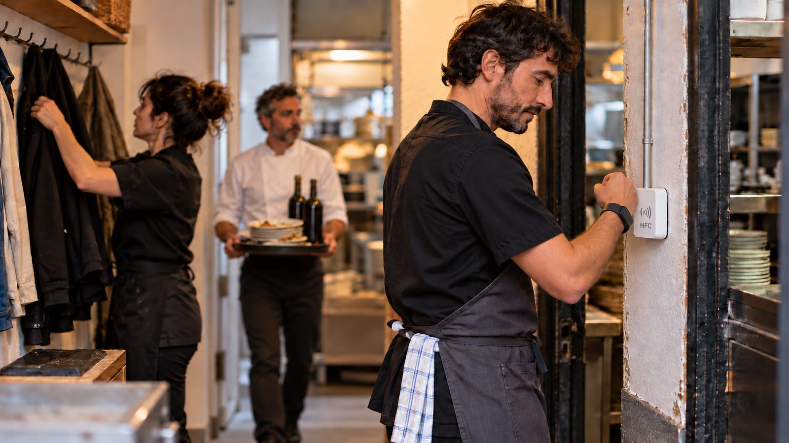Camarero fichando la entrada en un lector junto a la puerta del restaurante