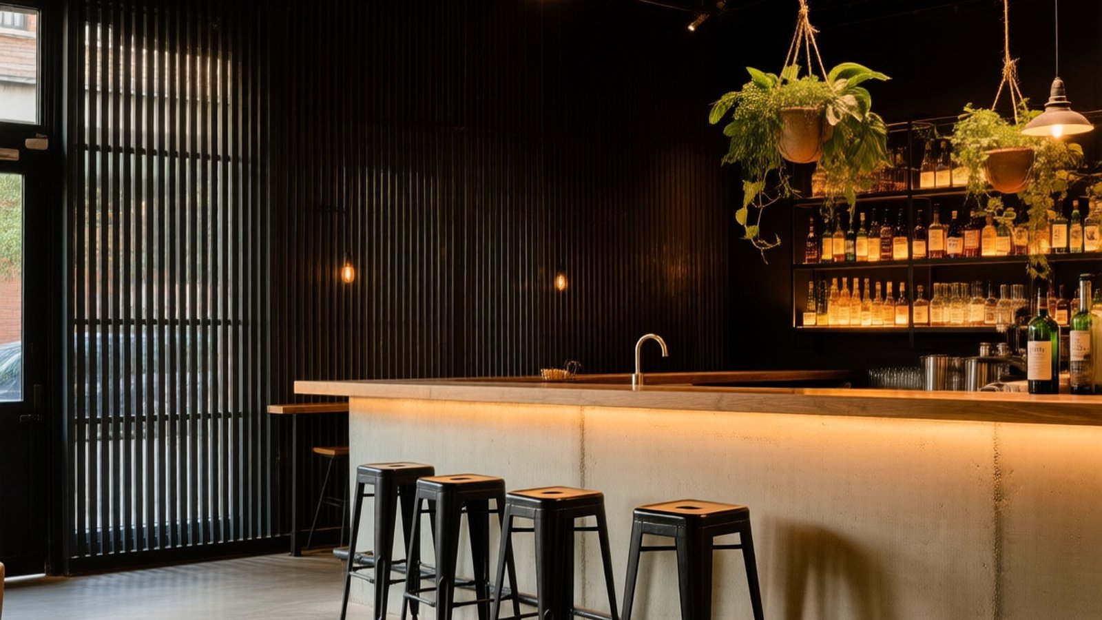 Barra iluminada de un gastrobar con taburetes negros y botellero al fondo
