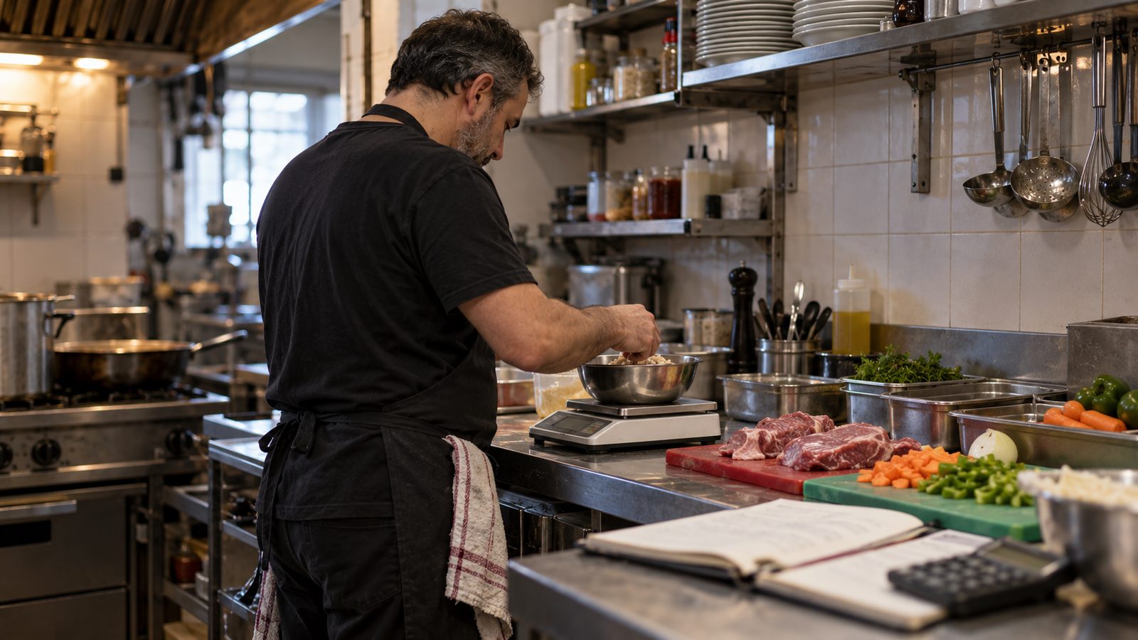 Cocinero pesando ingredientes en la báscula con la libreta y la calculadora al lado