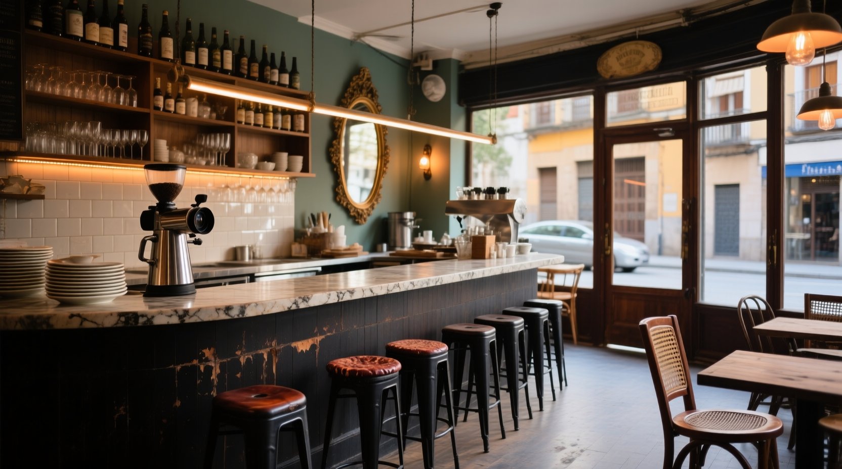 Barra de una cafetería con la cafetera, taburetes y un espejo antiguo en la pared