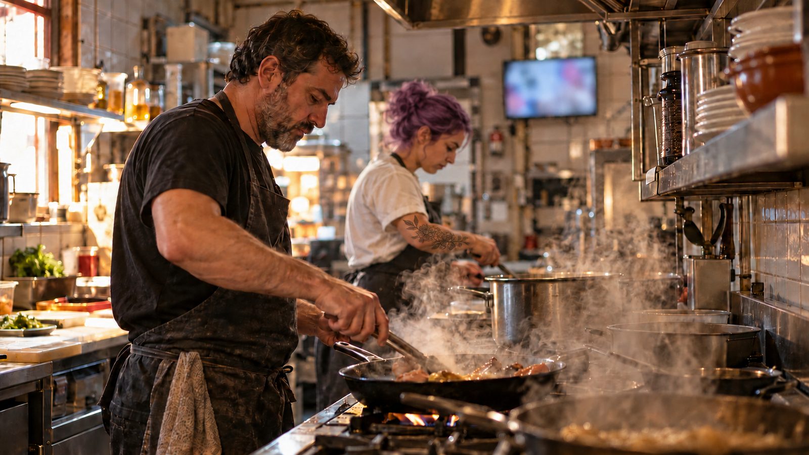 Cocineros trabajando en los fogones en plena hora punta