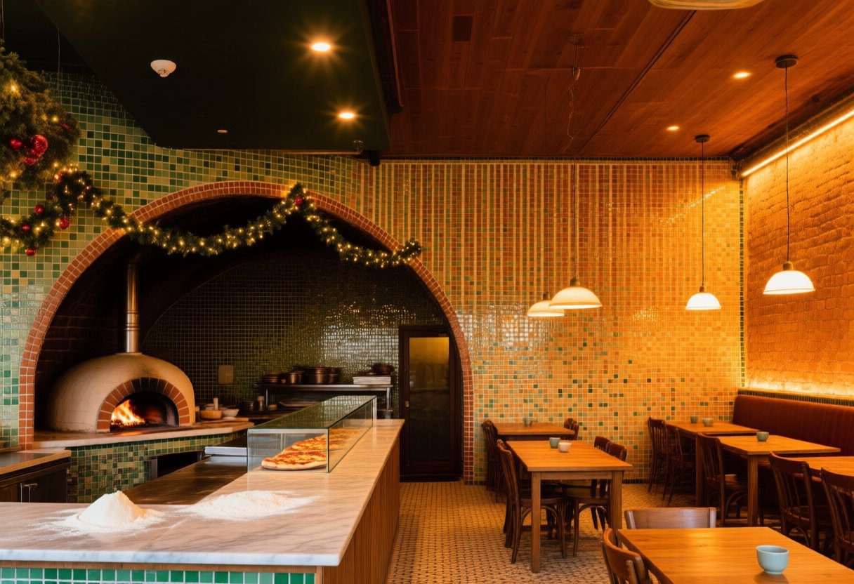 Pizzería con horno de leña de azulejos y mesas de madera, con la barra de preparación delante