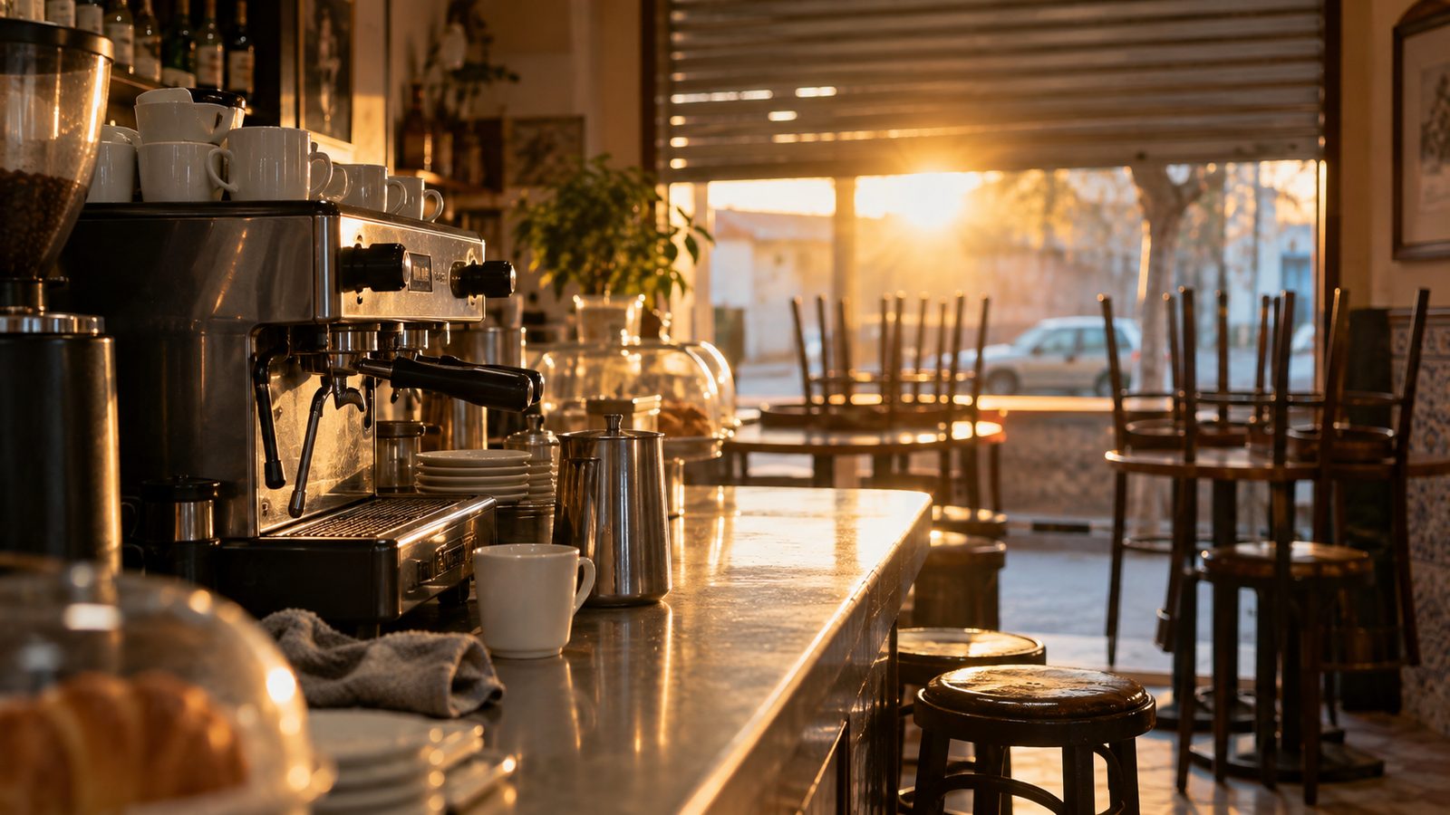 Cafetería vacía con la luz del amanecer antes de abrir