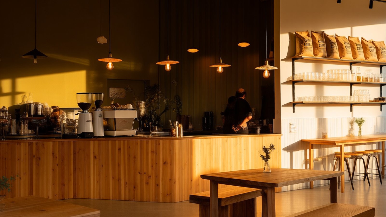 Barra de madera de una cafetería con molinillos y cafetera, a contraluz de tarde