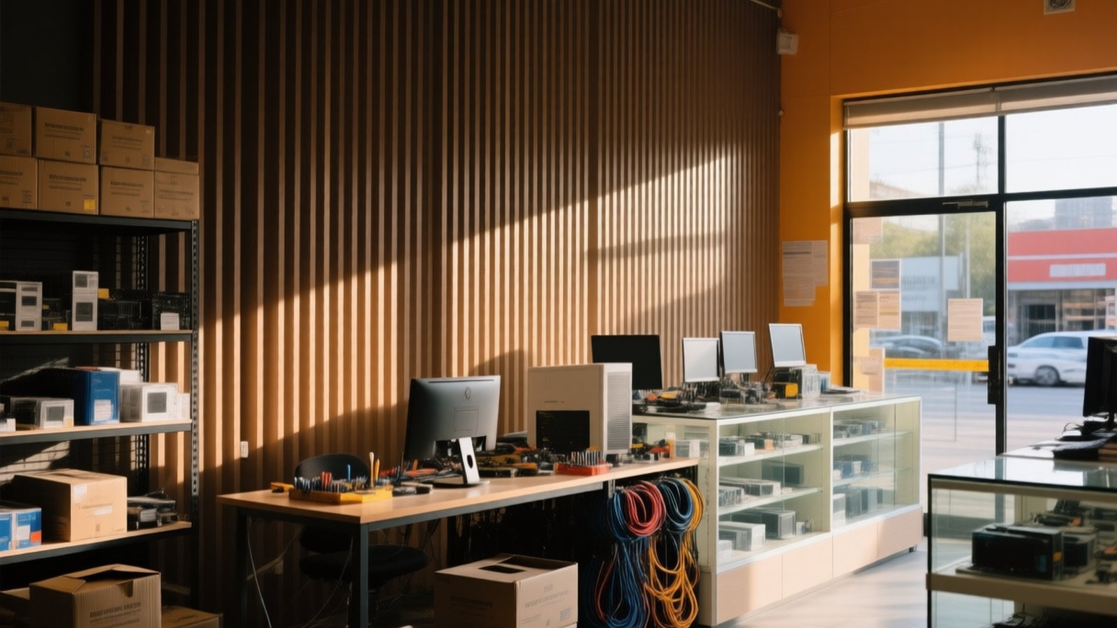 Mostrador de una tienda de informática con ordenadores y monitores