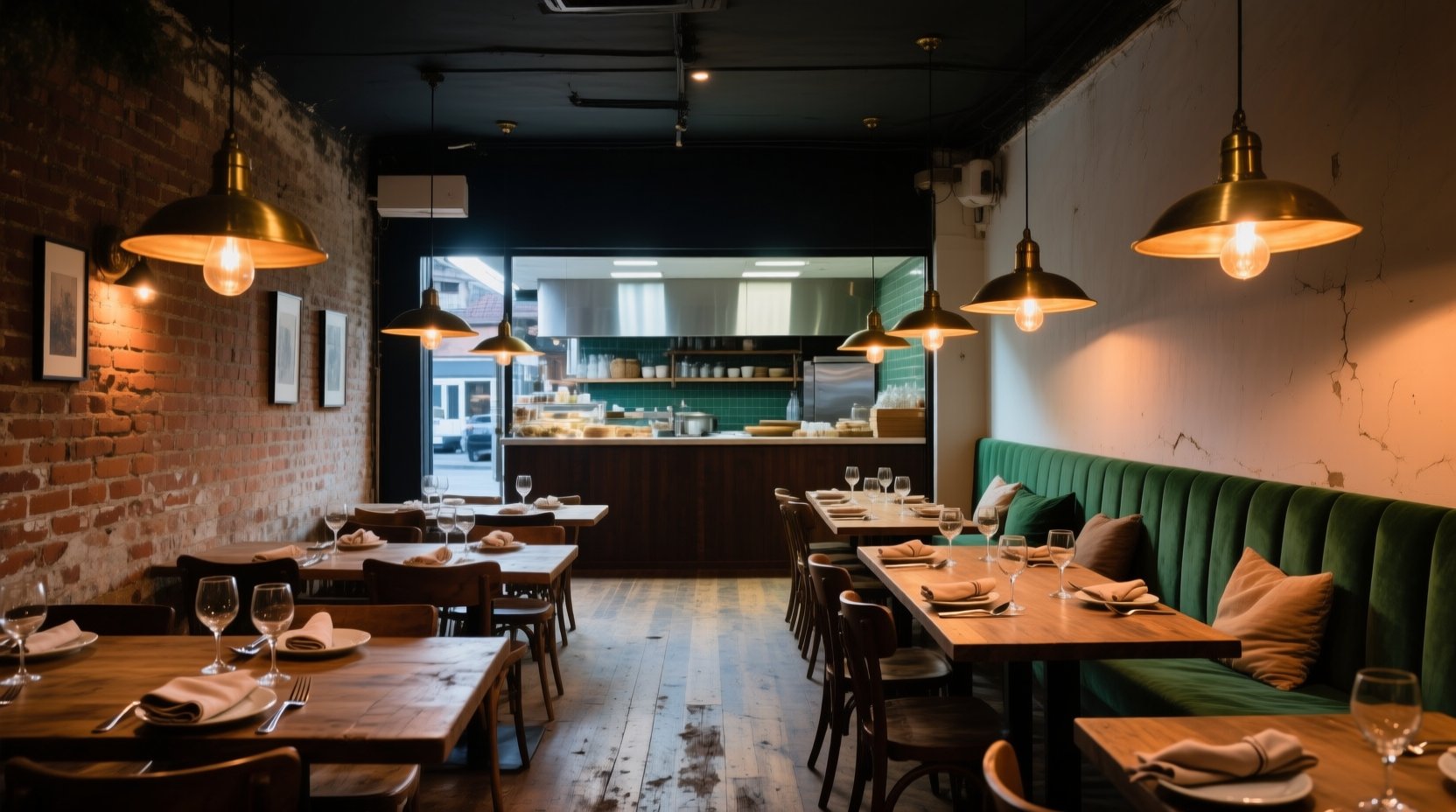 Restaurante con paredes de ladrillo, mesas de madera, lámparas colgantes y la cocina abierta al fondo
