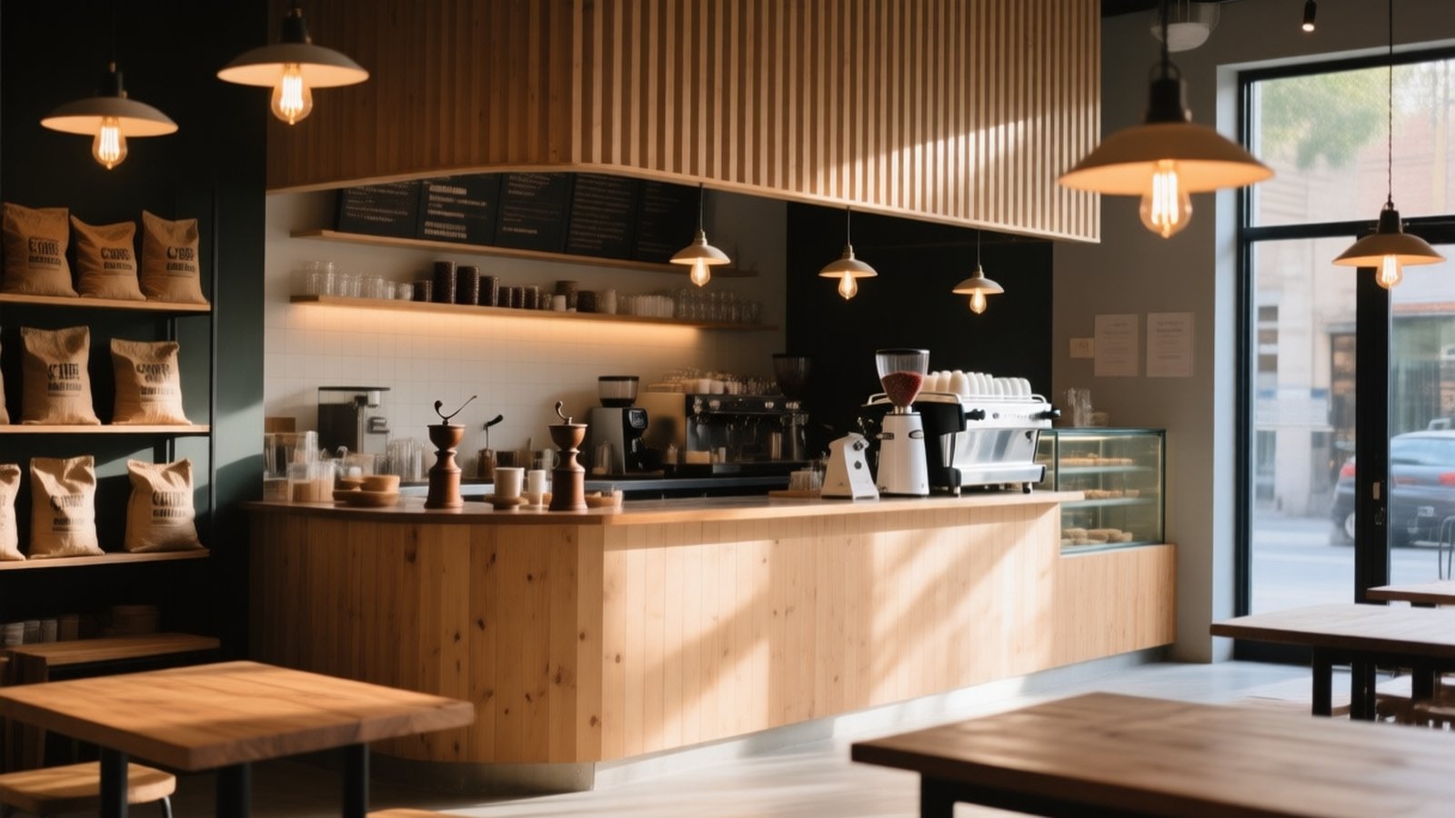 Mostrador de una cafetería de especialidad con cafetera, vitrina y sacos de café