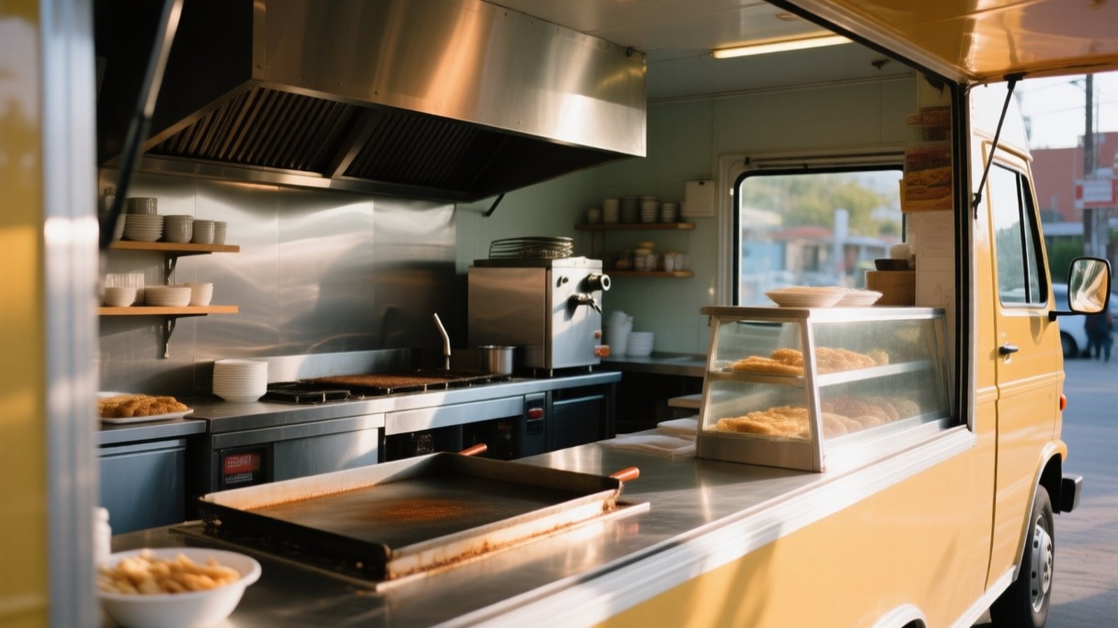 Food truck amarillo con la ventanilla abierta, plancha y vitrina a la vista