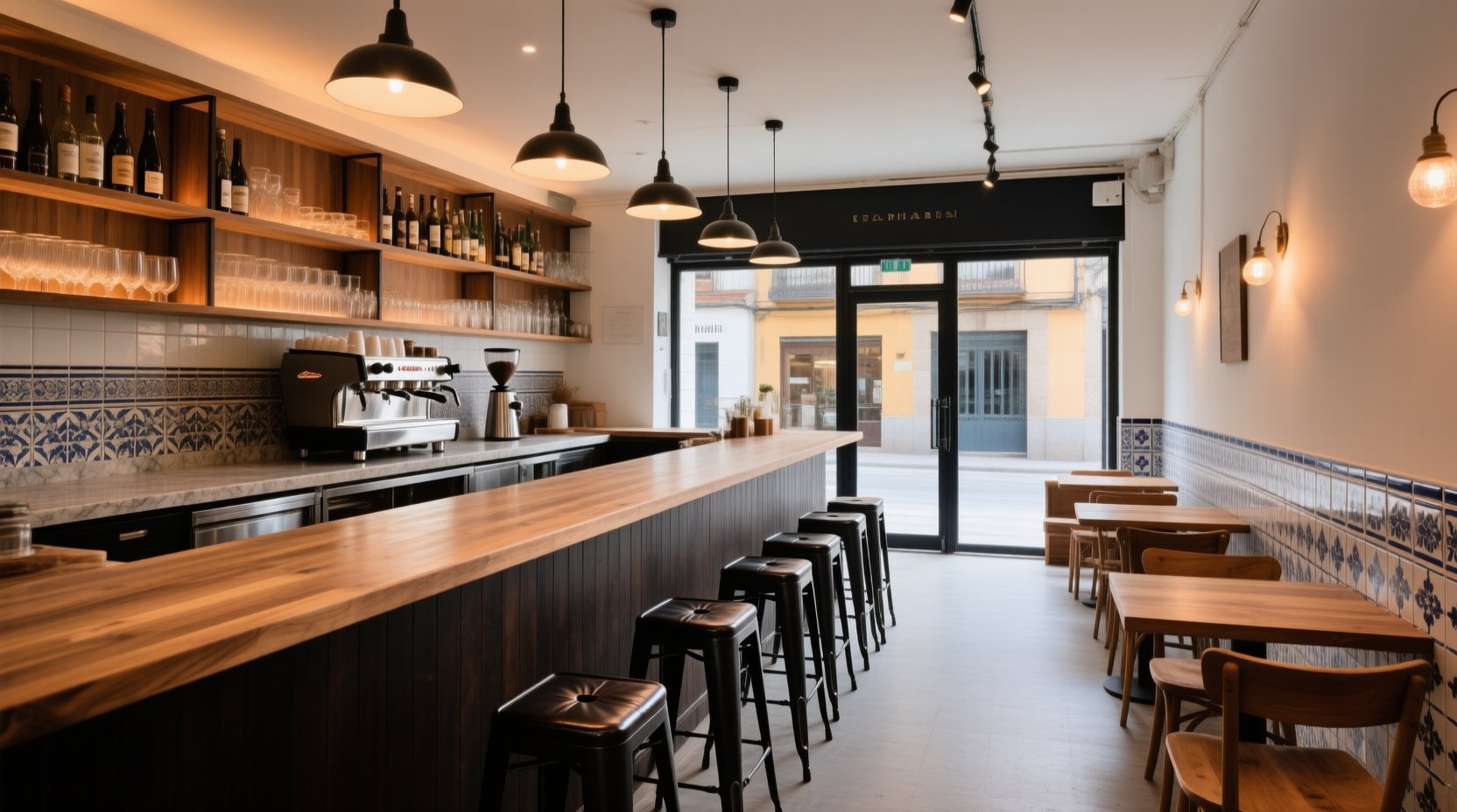 Barra de madera de una cafetería con taburetes y la cafetera al fondo