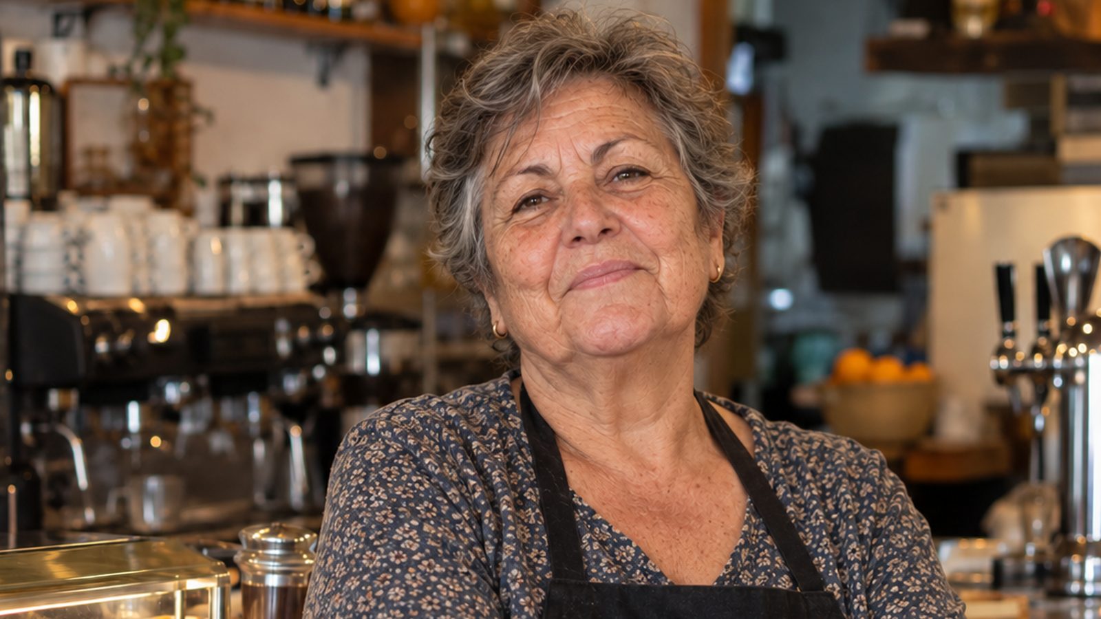 Dueña de un bar sonriendo tras la barra con la cafetera al fondo