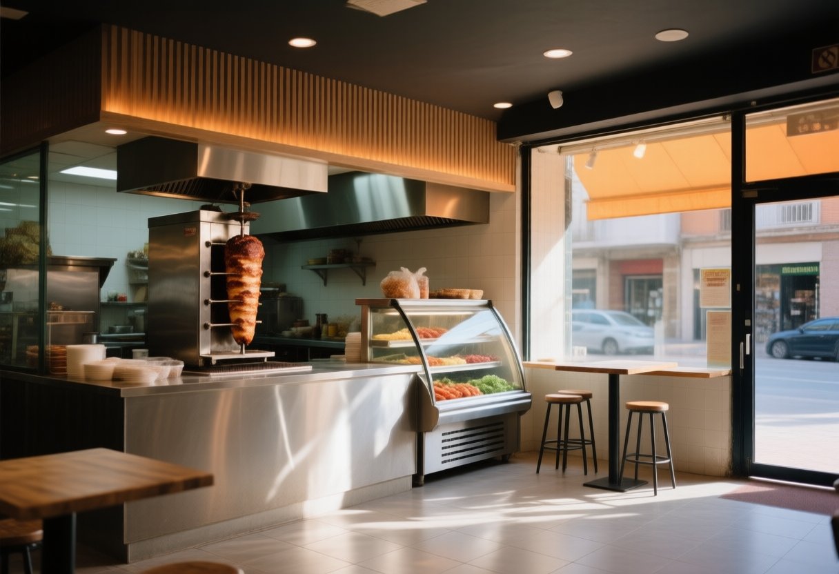 Interior de un kebab con el asador vertical, la vitrina de ingredientes y la barra junto al escaparate
