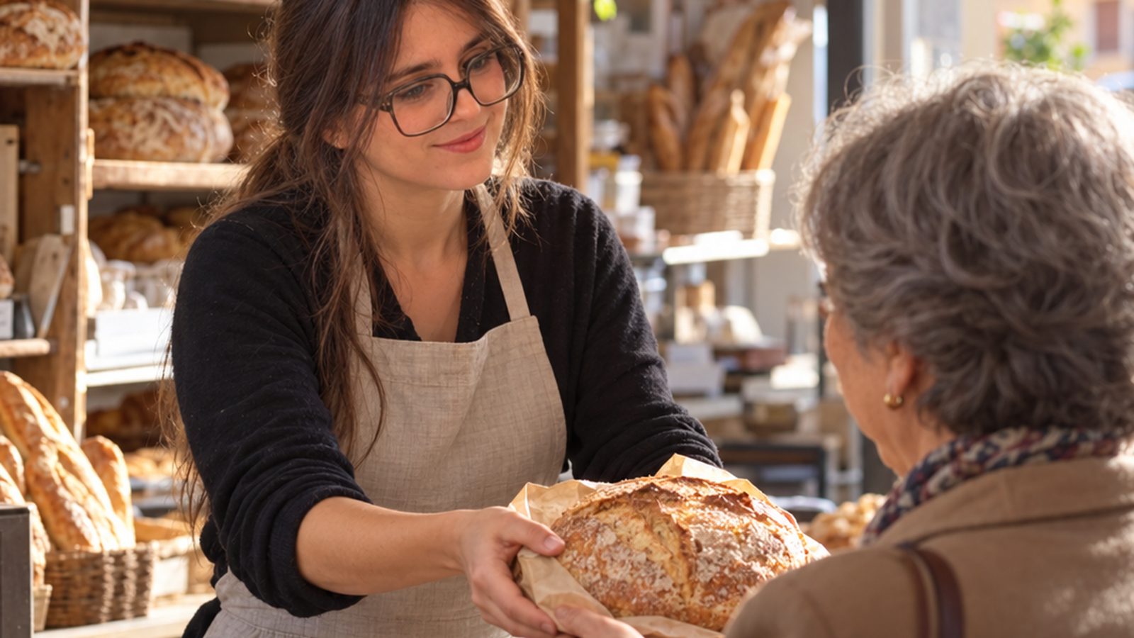 Panadera entregando una hogaza a una clienta en el mostrador
