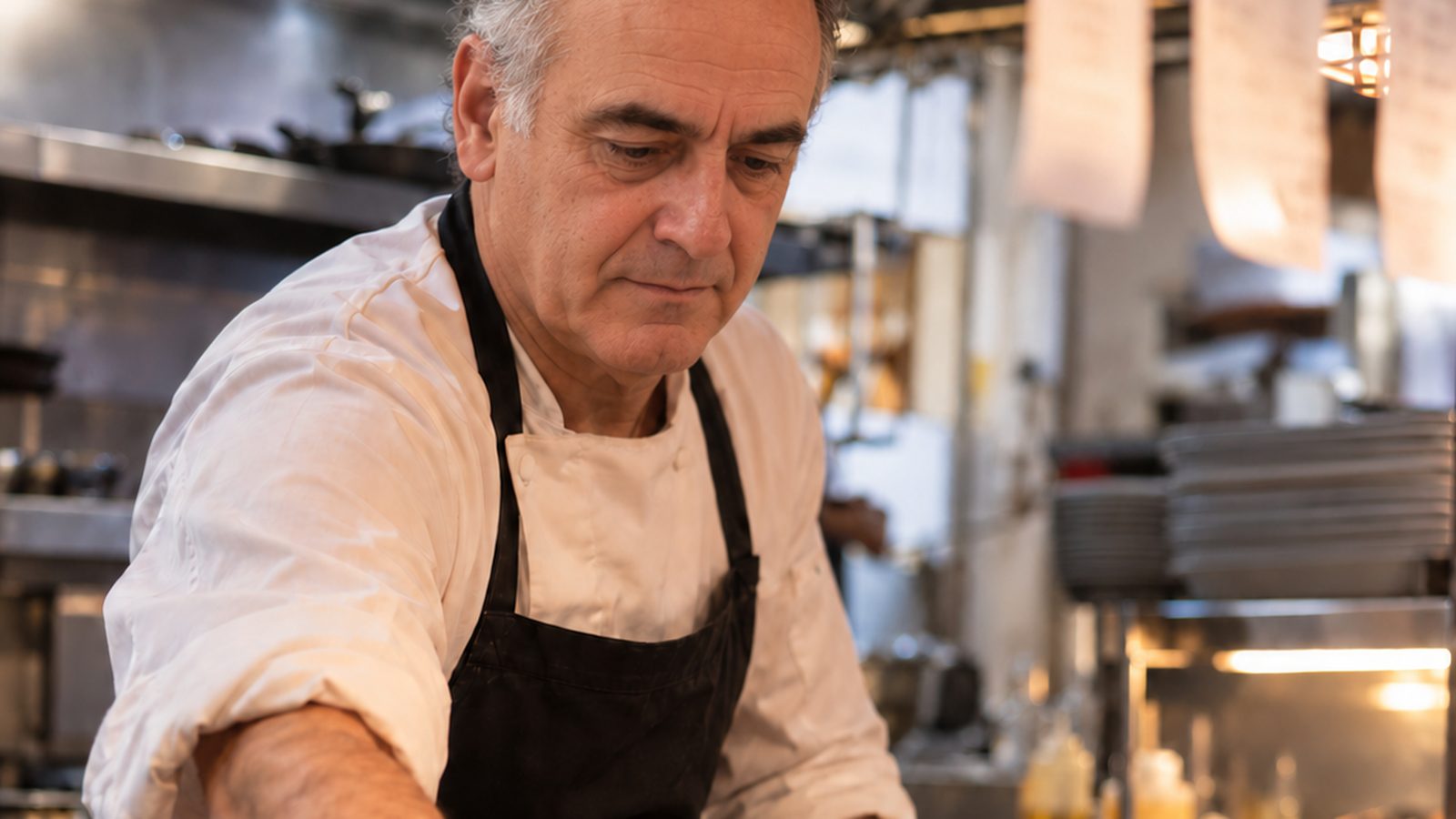 Cocinero sacando un plato al pase de la cocina del restaurante