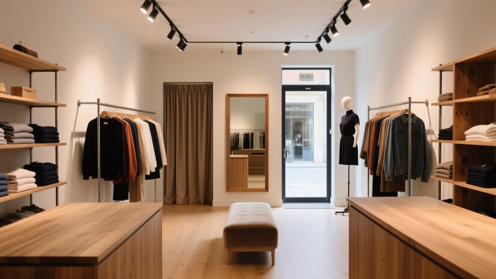 Interior de una tienda de ropa con percheros, estanterías y probador