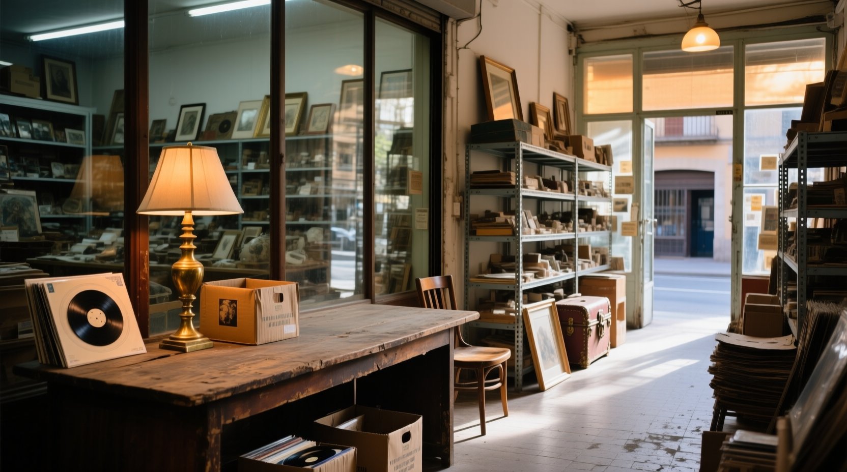 Tienda de objetos de segunda mano con una mesa de madera, una lámpara de latón, discos y estanterías metálicas