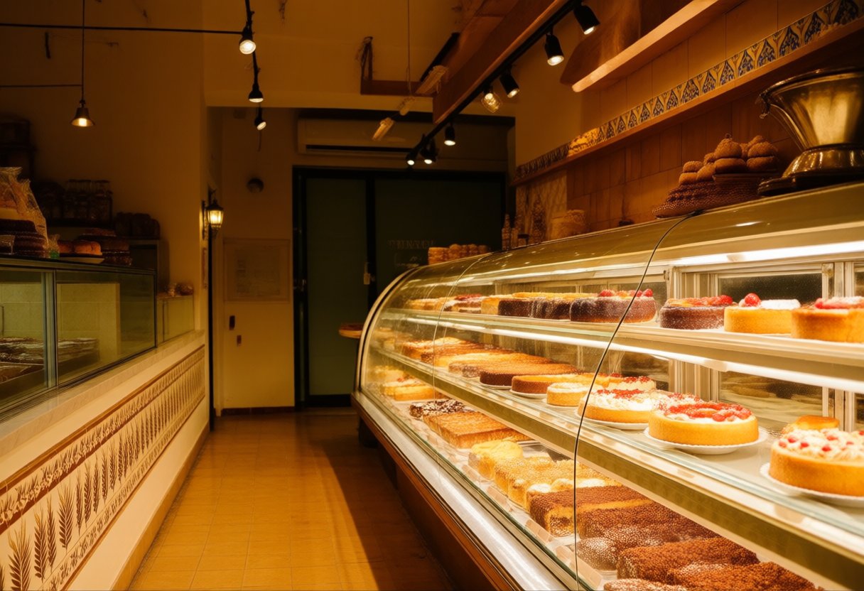 Mostrador de una pastelería con vitrinas largas llenas de tartas y bollería