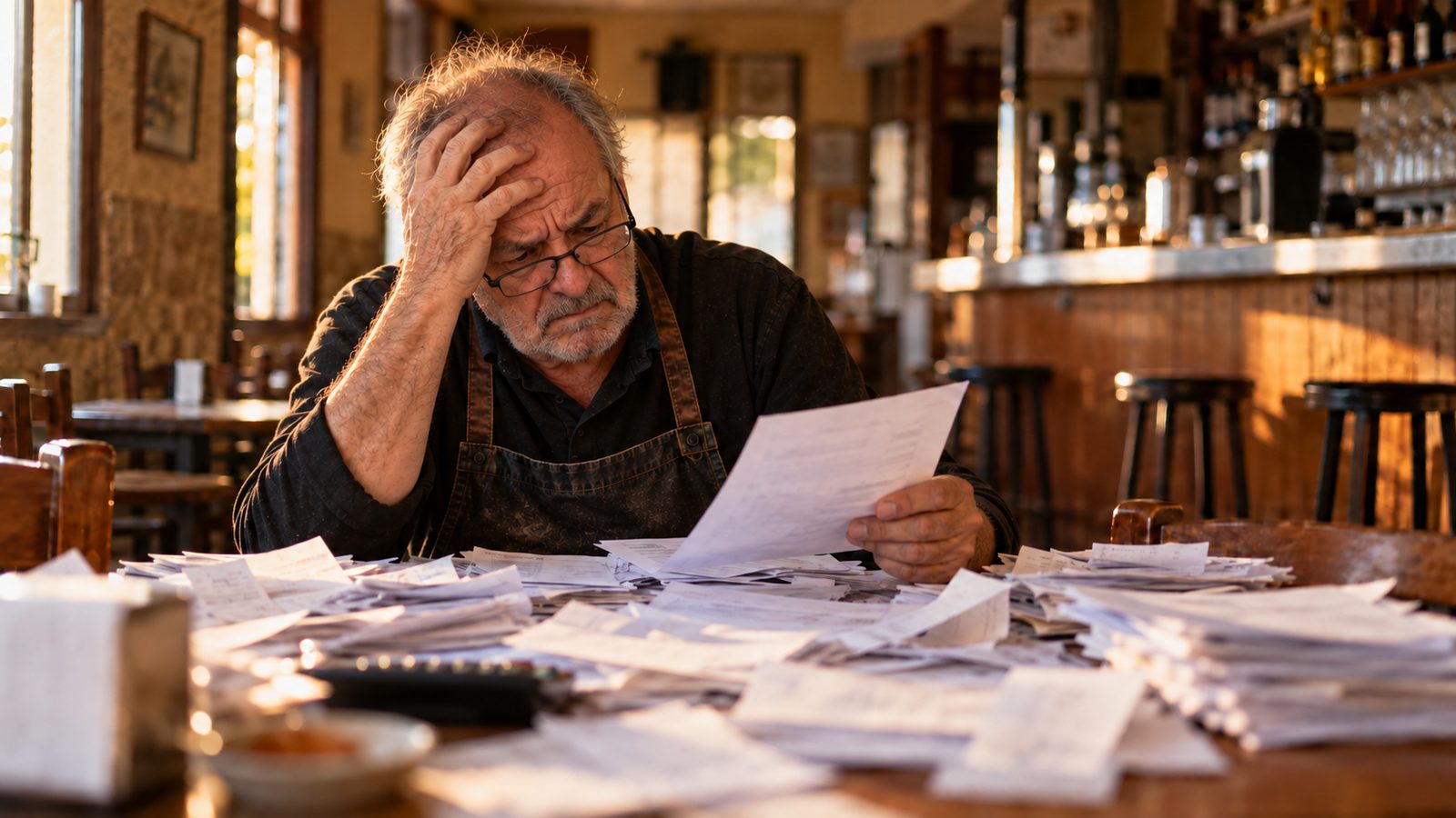 Hostelero agobiado revisando un montón de tickets y facturas