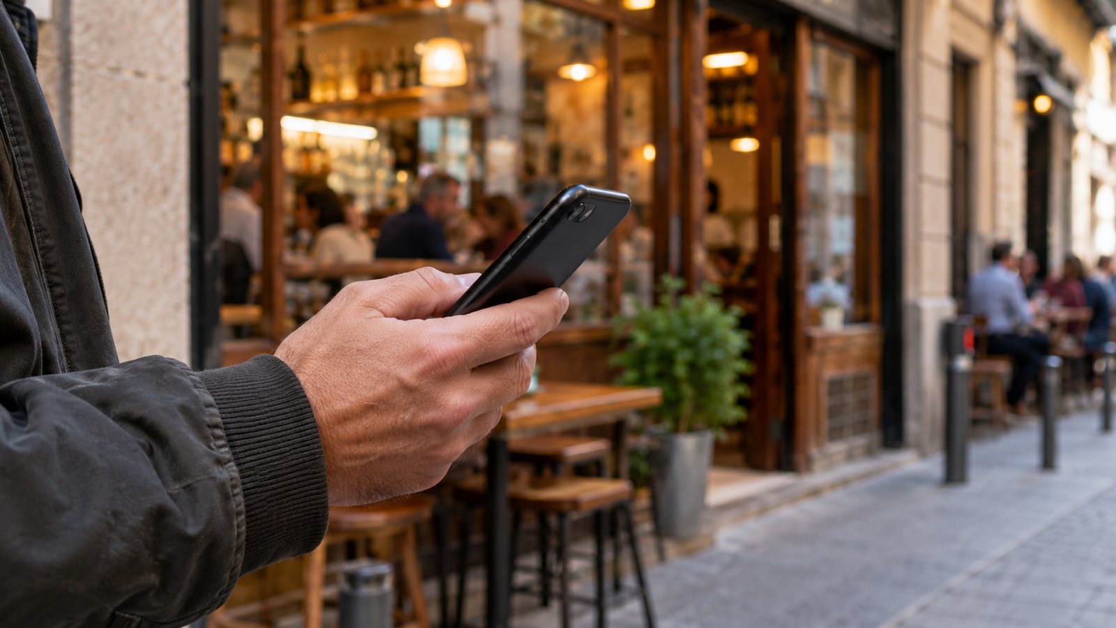 Cliente consultando el móvil en la puerta de un bar con terraza